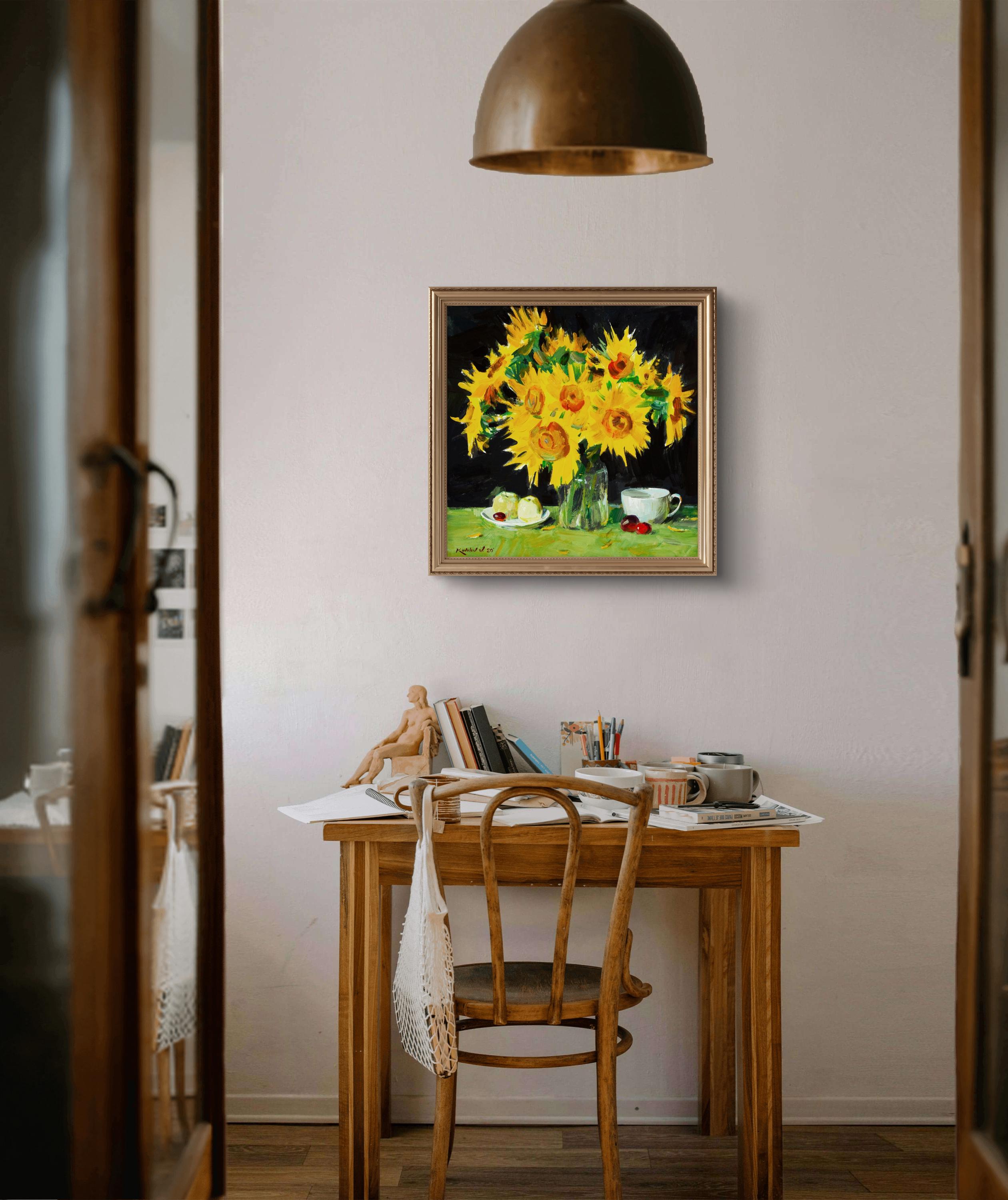 Golden Sunflowers in a Glass Vase: Original Still Life Oil Painting ...