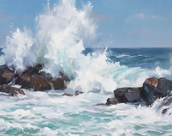 Ocean Breakers Seascape Oil Painting Coastal Wall Art Crashing Waves Canvas