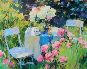 Peonies in Bloom – Original Oil Painting of a Garden Tea Setting with Vibrant Flowers