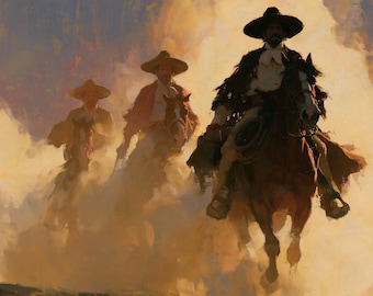 Mexican Charro Oil Painting Three Horsemen Original Canvas Western Wall Art Decor