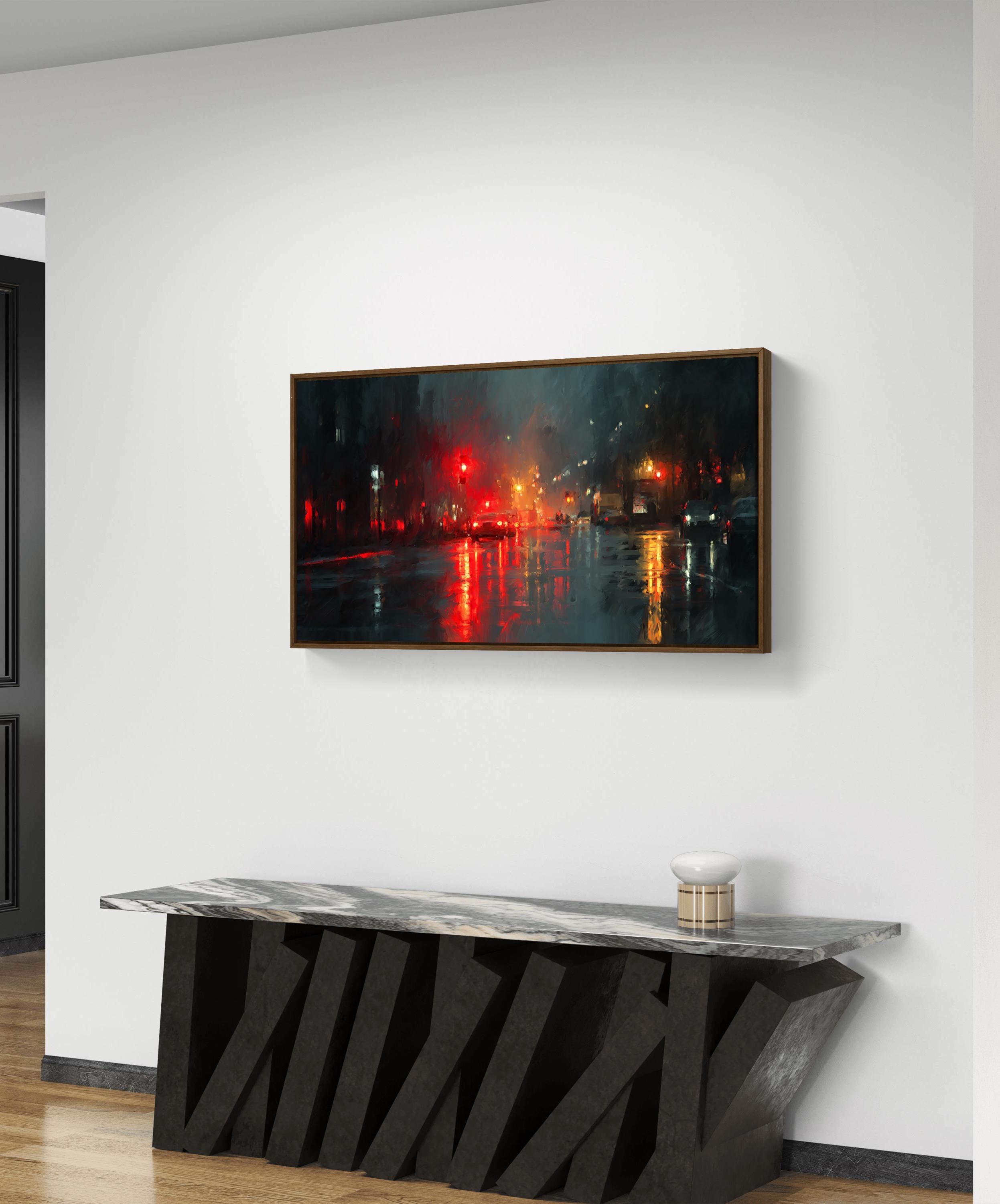 Rainy City Oil Painting, Night Cityscape Wall Art, Urban Canvas Artwork ...