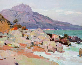 Pintura al óleo de paisaje marino, arte mural costero sobre lienzo, decoración de la costa sur