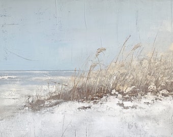 May include: A painting of a beach scene with tall grasses in the foreground and a blue sky and ocean in the background.