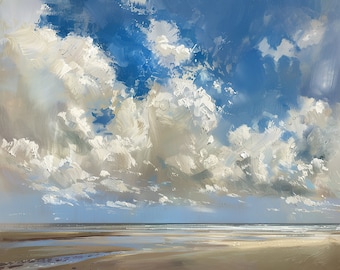 Original Oil Seascape Painting with Expansive Clouds, Minimalist Coastal Wall Art for Modern Interiors