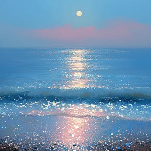 Moonlit Serenity – Original Oil Painting of a Sparkling Moon Reflection on Tranquil Ocean Waves Under a Pastel Sky