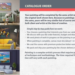 May include: A text-based image explaining the process of ordering a custom painting. The text explains that the painting will be completed by the same artist who painted the original work shown. The text also explains the steps involved in ordering a custom painting, including choosing a painting, discussing order features, budget, and deadlines, sending photos of work-in-progress, and shipping the painting.