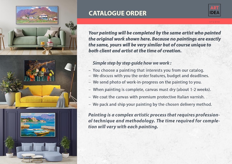 May include: A text-based image explaining the process of ordering a custom painting. The text explains that the painting will be completed by the same artist who painted the original work shown. The text also explains the steps involved in ordering a custom painting, including choosing a painting, discussing order features, budget, and deadlines, sending photos of work-in-progress, and shipping the painting.