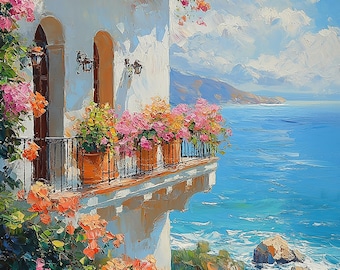 Pintura al óleo costera mediterránea con flores, paisaje marino, lienzo para pared