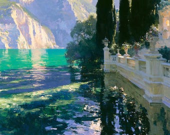 Italian Lake Oil Painting Cypress Terrace Original Canvas Mountain Landscape Wall Art