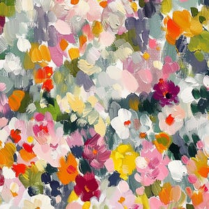 Blooming Meadow: Original Colorful Abstract Floral Oil Painting with Bold Brushstrokes in Pink, Orange, Yellow, and Green Tones