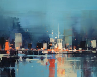 Dipinto astratto acrilico blu arancione, arte murale moderna a tema città su tela