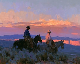 Western Cowboy Oil Painting Purple Sunset Original Canvas Landscape Rustic Wall Art