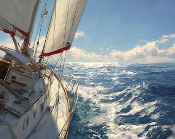 Olieverfschilderij oceaanzeilboot, marien zeegezicht muurkunst op canvas, woondecoratie blauwe kust