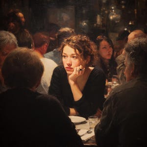 Emotional Woman Portrait Oil Painting – Impressionist Figurative Art on Canvas, Hand-Painted Realism of Lady in Crowd, Modern Wall Decor