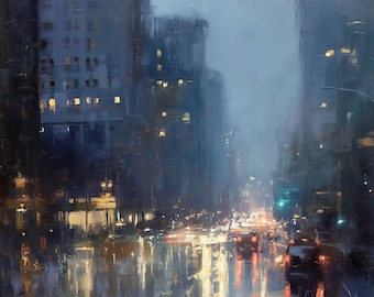 Rainy Cityscape Oil Painting Blue Urban Lights Original Canvas Wall Art Contemporary