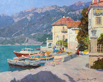 Impressionism Oil Painting on Canvas: Boats at the Pier, Coastal Art,  Mediterranean Ancient City