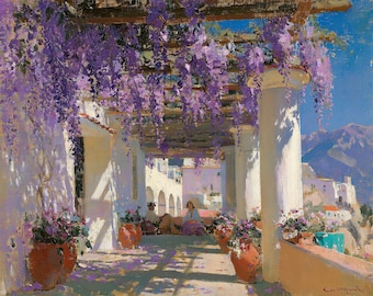 Italian Original Oil Painting Lavender Wisteria Pergola Canvas Impressionist Wall Art
