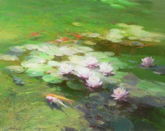 Koi Fish Pond Painting with Lilies Water Lily Oil Painting Botanical Wall Art Canvas