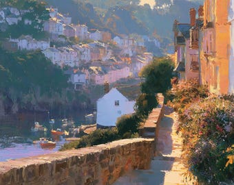 Coastal Oil Painting Harbor Village Coastal Wall Art Original Canvas Impressionist Landscape