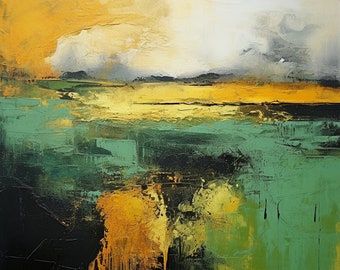 May include: Abstract painting with a landscape theme. The painting features a mix of green, yellow, and black paint, creating a sense of depth and texture.