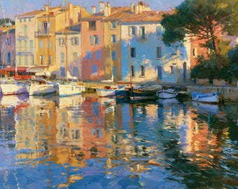Sunlit Italian Harbor Original Oil Painting Coastal Canvas Wall Art Decor