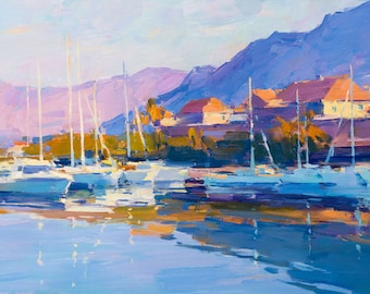 Original Oil Marina Painting, Impressionist Seascape with Sailboats, Blue Coastal Wall Art Decor