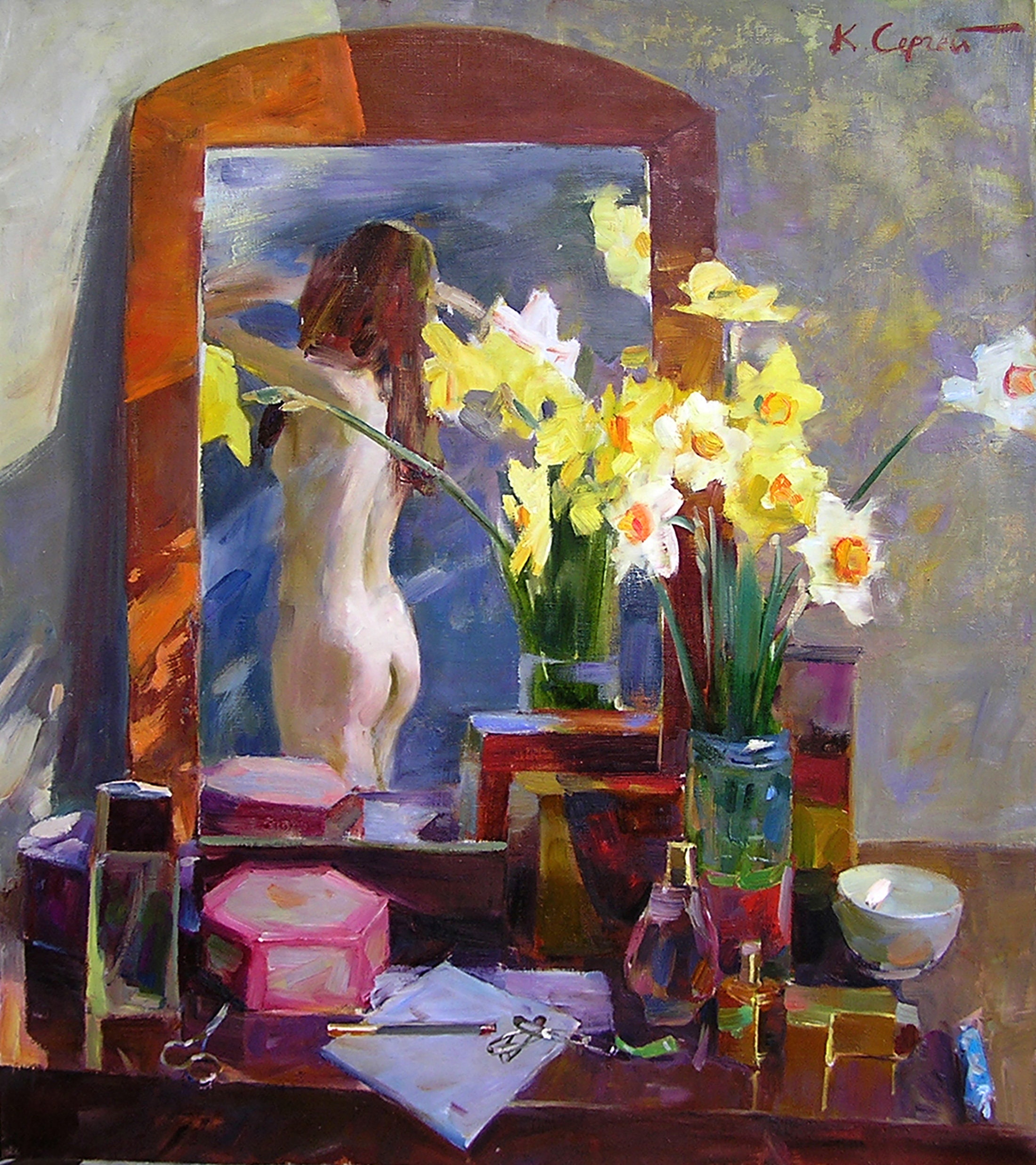 Nude Woman Painting - Captivating Female Nudity with Floral Accents