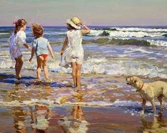 Seaside Walk – Seascape Oil Painting Blue Beach Children Coastal Wall Art Canvas