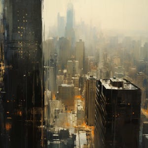 Cityscape Oil Painting, Modern Skyline Wall Art on Canvas, Golden Urban Landscape Decor Gift