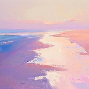 Dreamy Coastal Sunset: Original Oil Painting with Soft Pastel Colors of Ocean and Sand, Seaside Serenity