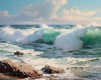 May include: A painting of a large, crashing wave with white foam and a green center. The wave is breaking on a rocky shore.