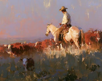 Cowboy Oil Painting Original Canvas Western Ranch Wall Art Rustic Home Decor