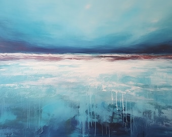 Pintura abstracta oceánica: elementos de surf y mar, olas blancas - Arte mural en lienzo