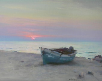 Atardecer en la orilla - Barco en la playa - Pintura al óleo original Arte mural costero