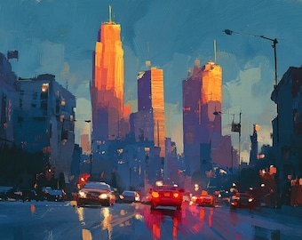 Sunset Cityscape Oil Painting, Modern Palette Knife Skyline Art, Textured Urban Wall Decor