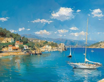 Mediterranean Coastal Bliss – Original Oil Painting of Sailboats and a Sunny Village Scene