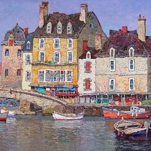 Fishing Pier & Boats Original Oil Painting on Canvas Normandy Impressionism Painting on Canvas
