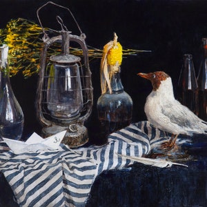 Marine-Inspired Still Life: Original Oil Canvas Art for Home Wall Decor