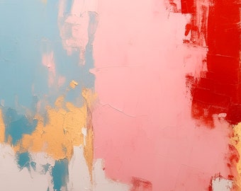 Pintura abstrata original com vermelho, rosa, azul e dourado - Arte de parede contemporânea