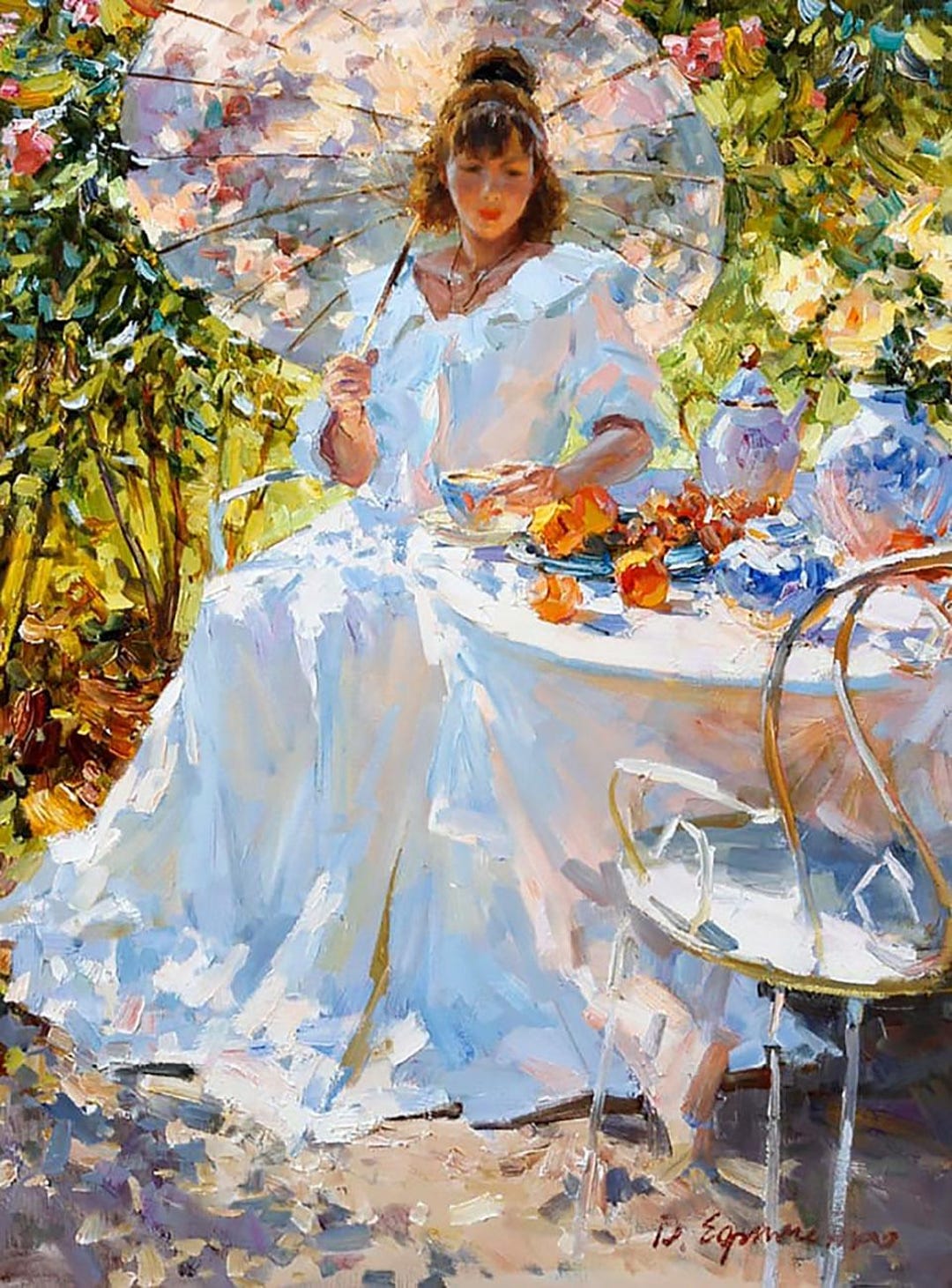 一杯の太陽の光 – 印象派の女性画、庭園のティーシーン、エレガントな