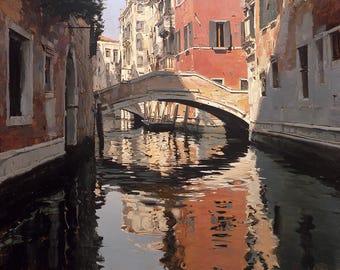 May include: An oil painting of a Venetian canal scene featuring a stone arch bridge spanning dark water. Tall, weathered buildings in shades of terracotta, cream, and brown line the canal, with their reflections visible in the rippling water surface.