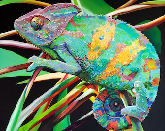 Chameleon Oil Painting Green Turquoise Reptile Canvas Original Wildlife Wall Art Decor