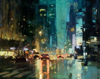 Rainy Cityscape Oil Painting Teal Black Urban Night Original Canvas Art