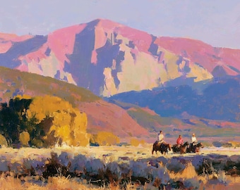 Western Landscape Oil Painting Pink Desert Horseback Original Canvas Wall Art Southwest