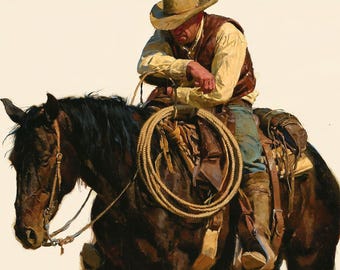 Western Cowboy Oil Painting Brown Horse Original Canvas Rustic Ranch Wall Art Decor