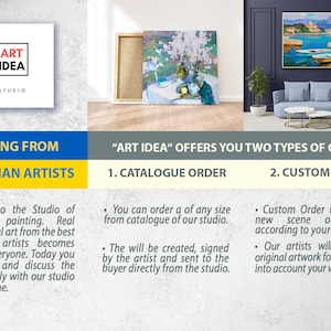 May include: A white and blue sign with the text "ART IDEA STUDIO" and the words "Painting from Ukrainian Artists" in a blue box. The sign explains that the studio offers two types of orders: Catalogue Order and Custom Order. The sign also includes a description of each type of order.