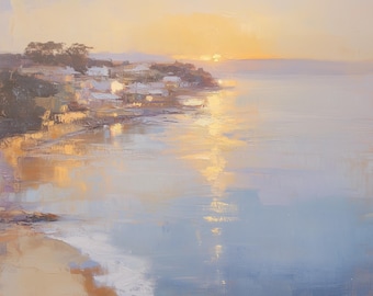 Golden Sunset Bay Seascape – Impressionist Oil Painting, Coastal Wall Art, Tranquil Ocean Landscape Decor