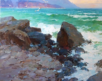 Seascape Oil Painting on Canvas, Coastal Wall Art with Waves and Rocks