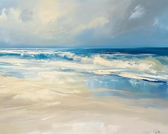 Pintura al óleo costera: paisaje marino abstracto, olas del océano.