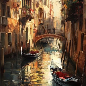 Gouden Venetië-kanaal: romantisch olieverfschilderij met gondelvaart | Venetiaanse zonsondergangkunst | Handgeschilderd impressionistisch stadsgezicht voor elegant wanddecor